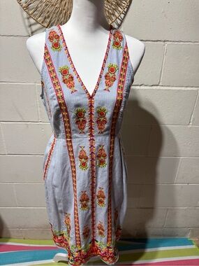 Anthropologie White Striped Dress with Red, Orange & Green Embroidery